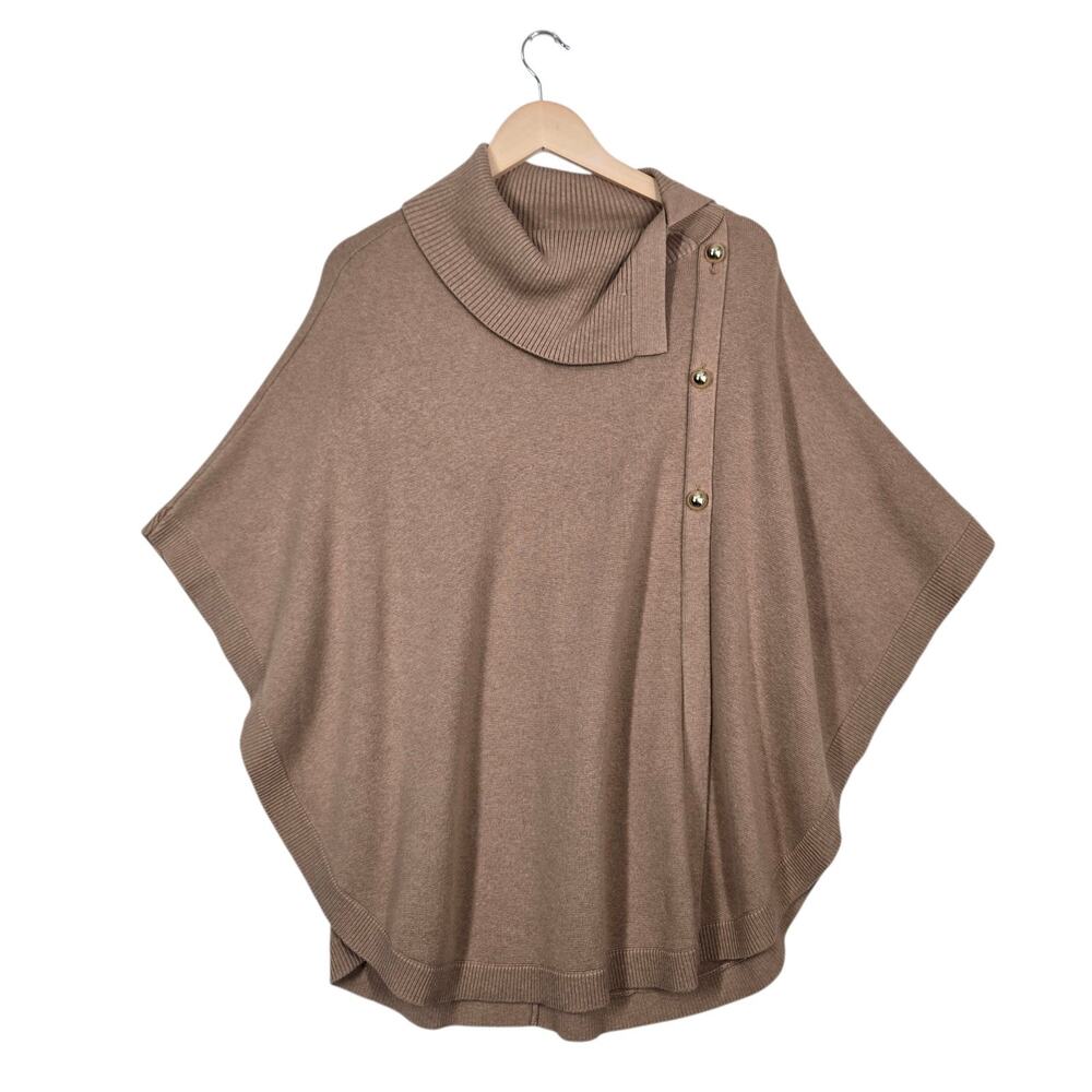Talbots Cape Poncho Sweater sz M Tan Cotton Blend Cowl Neck Decorative Buttons
